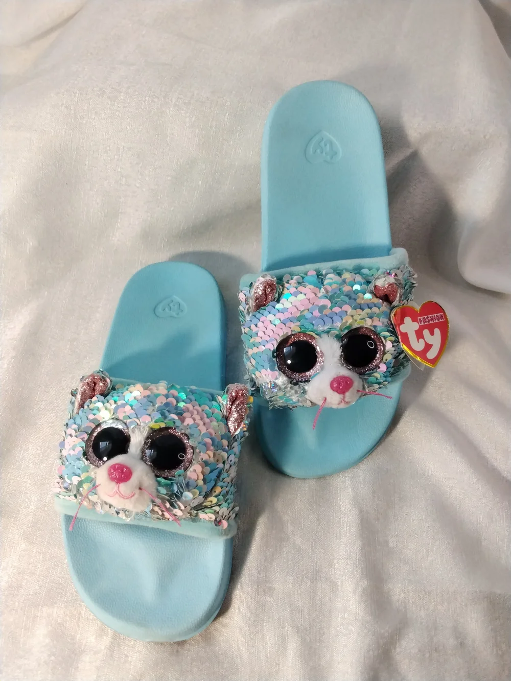 Ty Light Blue Sequin Bear Kids Slide Sandals